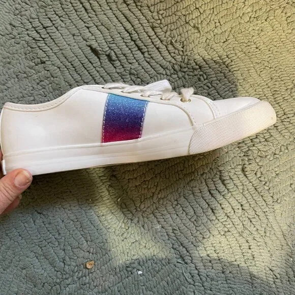 G by Guess Women White Lace Up Glitter on Stripe Sneakers Casual Shoes Size 7.5 - Picture 10 of 12